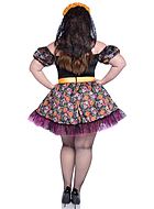Female Day of the Dead, costume dress, lace trim, sugar skull (Calavera), cold shoulder, puff sleeves, plus size